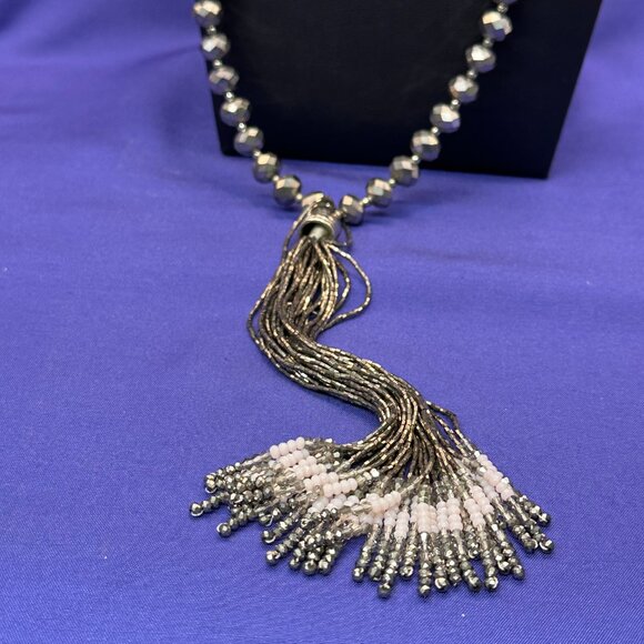 Chico’s Long 32” Pewter Beaded Tassel Necklace.  With Original Tag - Picture 3 of 16